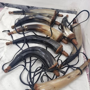Medieval Vikings Powder Horn Black Natural Horn with leather belt
