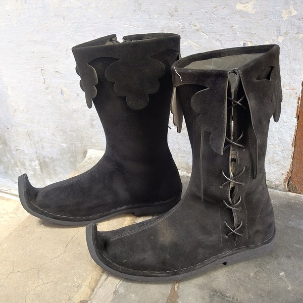 Bottes en cuir noir en daim médiéval | Bottes hautes en dentelle latérale pour hommes | Bottes de Costumes de Cosplay