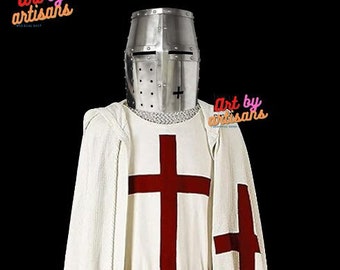 Medieval Knights Templar Surcoat Hooded Cap Cloak/Tunic Fantasy Reenactment Costume SCA LARP