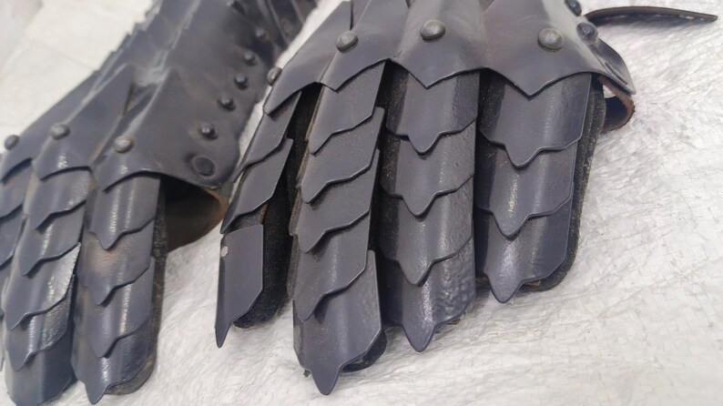 May include: A pair of black leather gauntlets with metal scales. The gauntlets are designed to protect the hands and fingers.