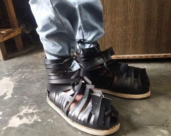 Black Leather Roman Gladiator Sandals - Medieval Costume Caligae