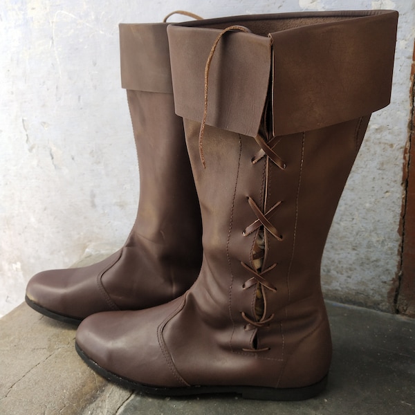 Bottes longues médiévales en cuir, reconstitution historique marron, chaussures fantaisie pour hommes, costume de pirates, bottes pour hommes