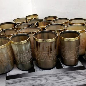 Drinking Horn Shot Set Natural Polished Horn Shot Glass with Brass Trim for Beer, Wine Mead , Ale (3-4 Inches)