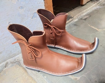 Leren Poulaines-laarzen: middeleeuwse Viking-cosplayschoenen