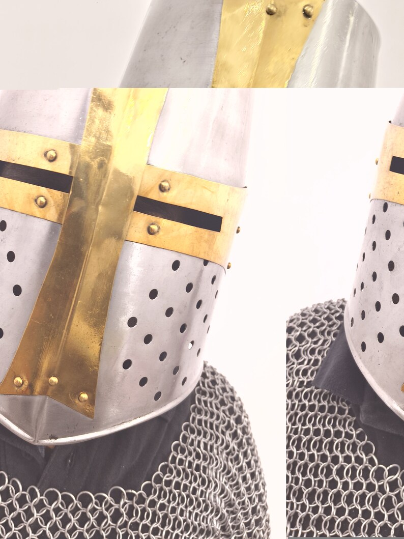 May include: A silver and gold knight helmet with a chainmail collar. The helmet has a cross design on the front and is perforated with small holes.