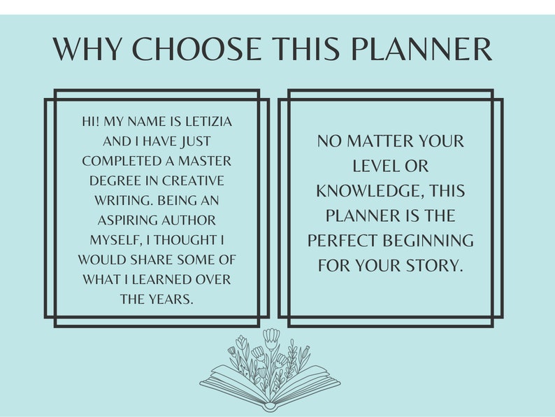 May include: A light blue background with two white boxes containing text. The text in the left box reads "HI! MY NAME IS LETIZIA AND I HAVE JUST COMPLETED A MASTER DEGREE IN CREATIVE WRITING. BEING AN ASPIRING AUTHOR MYSELF, I THOUGHT I WOULD SHARE SOME OF WHAT I LEARNED OVER THE YEARS." The text in the right box reads "NO MATTER YOUR LEVEL OR KNOWLEDGE, THIS PLANNER IS THE PERFECT BEGINNING FOR YOUR STORY."