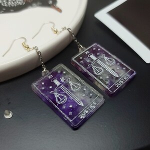 Tarot Justice Dangle Earrings - Purple + White Glitter