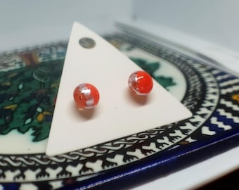 Glass Stud Earrings - Red and Silver