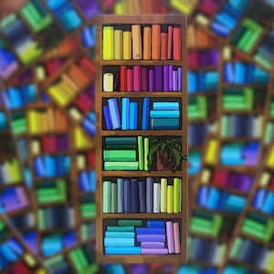 May include: A bookshelf with six shelves filled with colourful books. The books are arranged by colour, with yellow, orange, red, purple, blue, green, and a mix of colours on the bottom shelf.