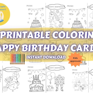 8 Printable Coloring Happy Birthday Cards: Mermaid, Unicorn, Farm Animal, Superhero, Tea party, Robot Transformers, Dinosaure, Poney.
