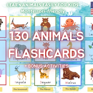130 Animals Printable Flashcards For Children: Forest, Bugs, Ocean, Farm, Savannah+Bonus Homeschool Activities-Pre-K (English)-Alphabet