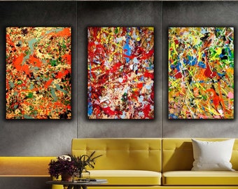 Set of 3 Jackson Pollock Abstract Print Canvas Wall Art,Pollock Poster,Pollock Painting,Pollock Print on Canvas,Minimalism Painting