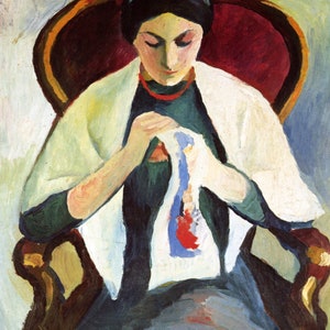 August Macke Stickende Frau im Sessel Canvas Print Wall Art,Woman on armchair Print,woman embroidering Print,German Painter,Art Reproduction image 1