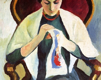 August Macke Stickende Frau im Sessel Canvas Print Wall Art,Woman on armchair Print,woman embroidering Print,German Painter,Art Reproduction