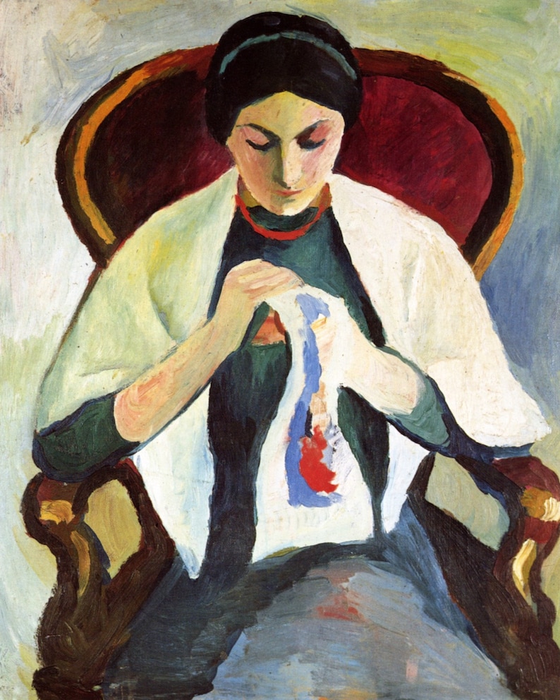 August Macke Stickende Frau im Sessel Canvas Print Wall Art,Woman on armchair Print,woman embroidering Print,German Painter,Art Reproduction image 1