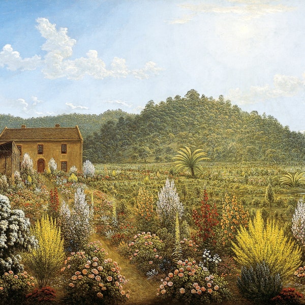 John Glover Ein Blick auf das Haus und den Garten des Künstlers in Mills Plains Van Diemen's Land 1835 Leinwanddruck Wandkunst, Glover Painting Print