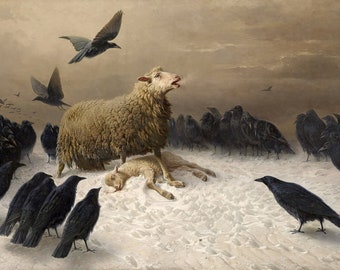 August Friedrich Schenk Anguish 1878 Canvas Print Wall Art,Anguish Painting,Works by Schenk,German Painter,Sheep and Crows,Art Reproduction
