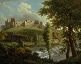 Château de Samuel Scott Ludlow avec Dinham Weir du sud-ouest 1769 Art mural impression sur toile, affiche de Scott, peinture de Samuel Scott, impression de Scott