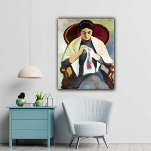 August Macke Stickende Frau im Sessel Canvas Print Wall Art,Woman on armchair Painting,woman embroidering Print,German Painter,Art Reproduction