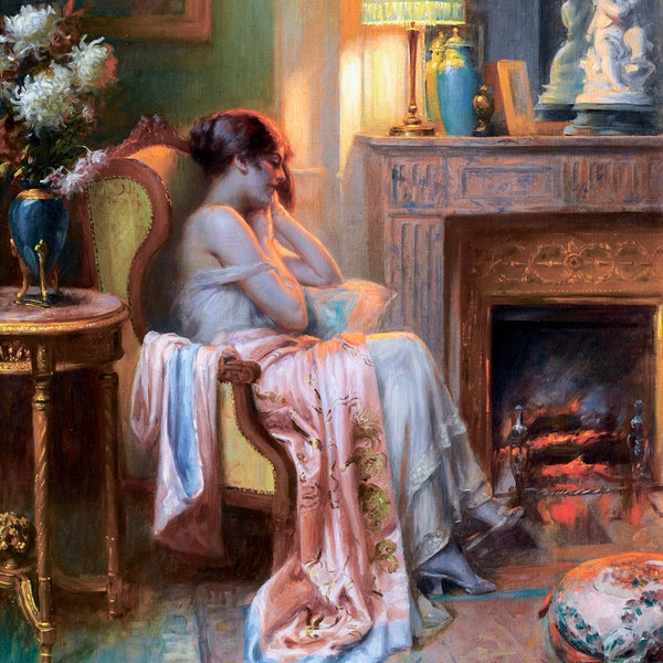 Delphin Enjolras Le coin du feu - Pensive Canvas Print Wall Art,Enjolras Poster,Works by Enjolras,Vintage Woman Painting