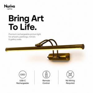 May include: A brass-colored rechargeable picture light with a horizontal bar design. Text reads: Nuriva Lighting, Bring Art To Life. Premium rechargeable picture light for artwork, paintings, mirrors & gallery walls. USB-C Rechargeable, Remote Control, No Wiring Required.