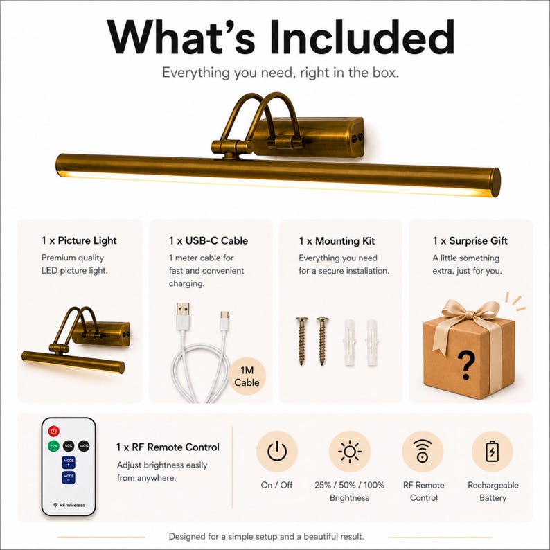 May include: A brass-colored LED picture light with a wall-mounting bracket, a 1-meter USB-C charging cable, a mounting kit with two screws and anchors, a gift box, and an RF remote control with power, brightness, and mode adjustment buttons.
