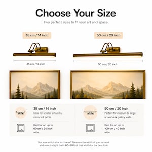 May include: Two brass-colored wall-mounted picture lights shown in 35 cm / 14 inch and 50 cm / 20 inch sizes. The text reads Choose Your Size, Two perfect sizes to fit your art and space, and provides guidance for artwork widths up to 60 cm / 24 inch and 100 cm / 40 inch.