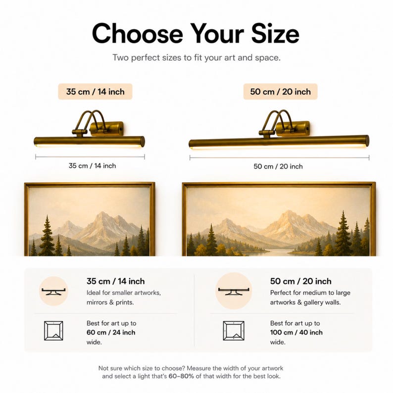 May include: Two brass-colored wall-mounted picture lights shown in 35 cm / 14 inch and 50 cm / 20 inch sizes. The text reads Choose Your Size, Two perfect sizes to fit your art and space, and provides guidance for artwork widths up to 60 cm / 24 inch and 100 cm / 40 inch.