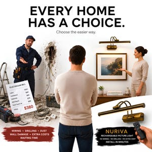 May include: A Nuriva rechargeable picture light in a metallic finish, featuring a remote control for operation. The light is shown mounted above a framed landscape painting, highlighting the ease of installation without wiring or drilling.
