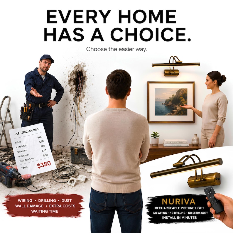 May include: A Nuriva rechargeable picture light in a metallic finish, featuring a remote control for operation. The light is shown mounted above a framed landscape painting, highlighting the ease of installation without wiring or drilling.