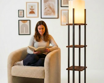 Modern Walnut Floor Lamp with Shelves