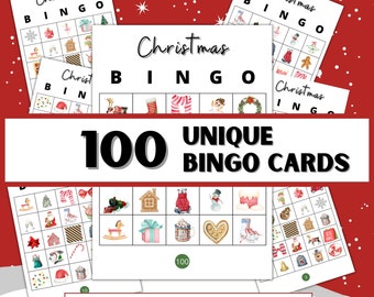 Op de afbeelding: Een verzameling witte kerstbingokaarten met diverse kerstthema-illustraties zoals peperkoekhuisjes, rendieren en ornamenten. De tekst luidt 100 UNIQUE BINGO CARDS en EVERYONE LOVES BINGO op een rode achtergrond.