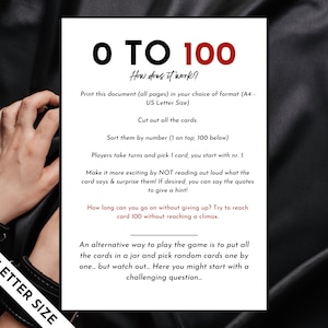 May include: A printable game card set with instructions for a game called "0 to 100". The instructions include cutting out the cards, sorting them by number, and taking turns picking a card. The game can be played by reading the cards aloud or by surprising players with the quotes on the cards. The instructions also suggest an alternative way to play the game by putting the cards in a jar and picking them randomly.