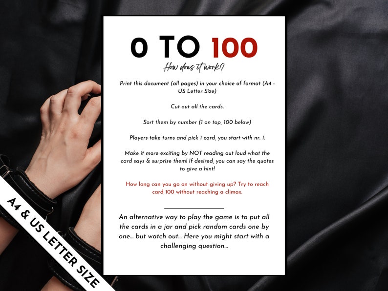 May include: A printable game card set with instructions for a game called "0 to 100". The instructions include cutting out the cards, sorting them by number, and taking turns picking a card. The game can be played by reading the cards aloud or by surprising players with the quotes on the cards. The instructions also suggest an alternative way to play the game by putting the cards in a jar and picking them randomly.