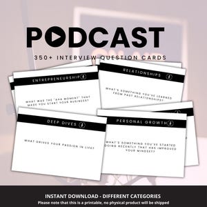 Tarjetas de preguntas de entrevista de podcast - rompehielos, crecimiento personal, emprendedor, relación, fuego rápido - productos digitales imprimibles
