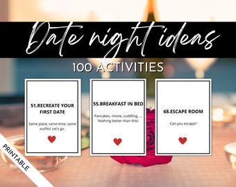 100 Date Night Ideas Cards, Activities for Couples, Date Night Jar,Box, A Year of Dates, At Home Date Night,Couples Games,Wedding Gift,Print