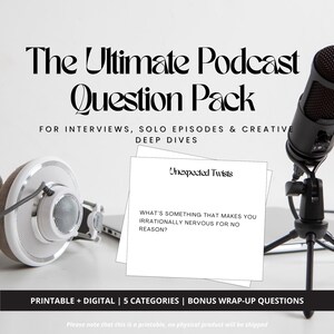 Può includere: Un pacchetto di domande per podcast stampabile con un microfono, cuffie e una carta con il testo "Unexpected Twists" e la domanda "Cosa ti rende irrazionalmente nervoso senza motivo?"