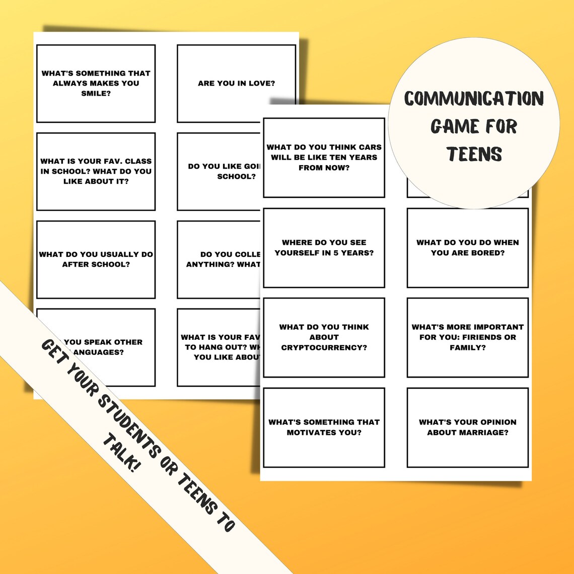 Printable Conversation Starters for Teens,table Talk Game,high School