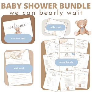 Ensemble complet de fête prénatale We Can Bearly Wait avec panneau de bienvenue, cartes de vœux, jeux amusants pour fête prénatale, thème peluche.