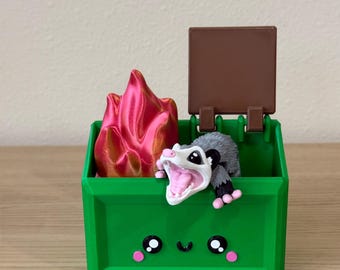 Custom 3D Printed Dumpster Fire – Mini Desk Figurine, Quirky Gag Gift, Interactive Dumpster with Lid, Funny Office Decor & Stress Toy
