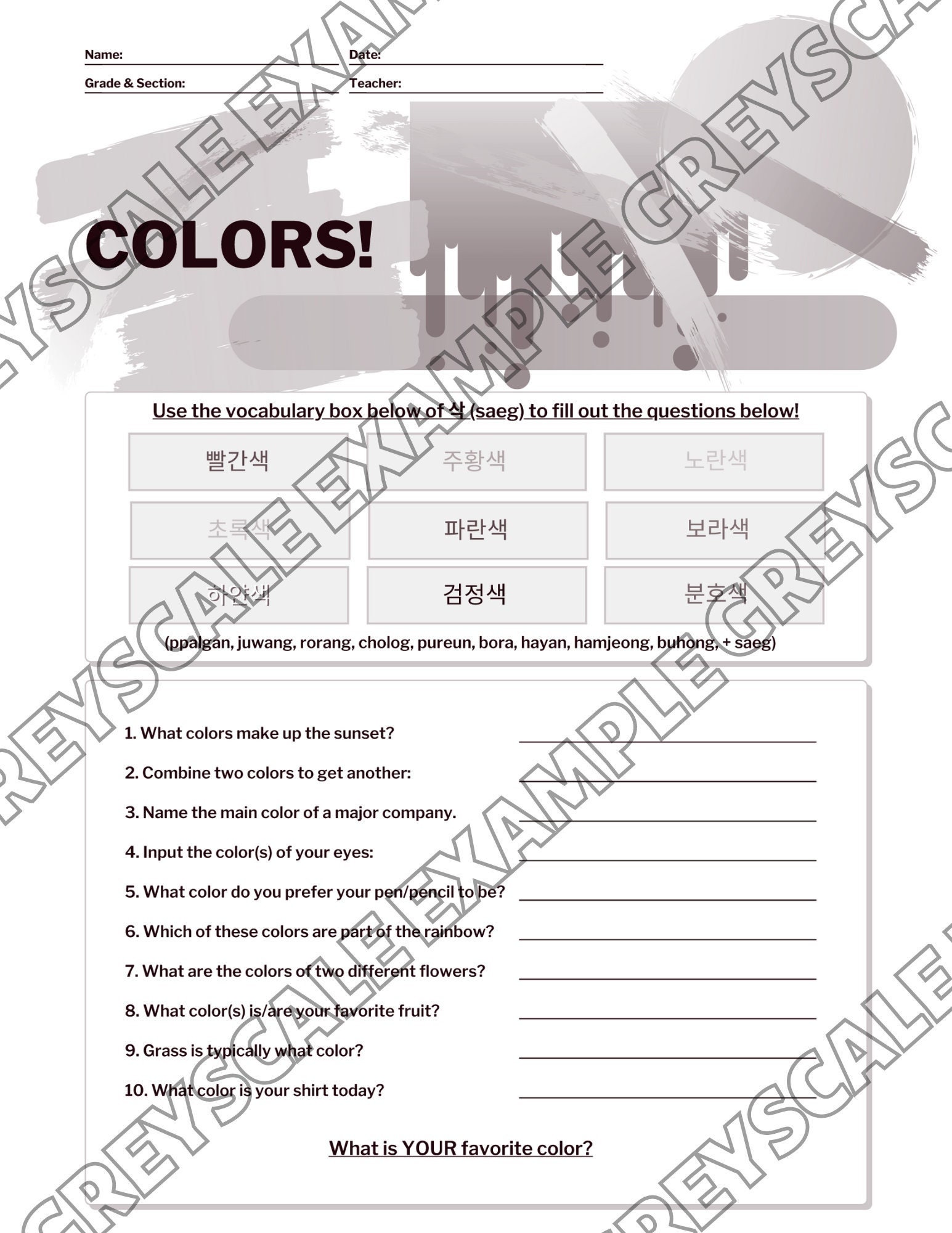 Colors Korean Worksheet Digital Download Teachers & Student Png Jpg Svg