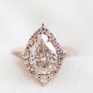 Pear Cut Moissanite Engagement Ring 14K Yellow Gold Anniversary Ring Halo Wedding Ring Promise Ring Anniversary Gift For Her Ring For Woman