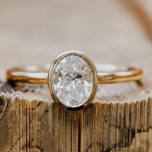 Oval Engagement Ring Bezel Set | Gold Solitaire Ring for Women | Modern Wedding Ring | Gift for Her