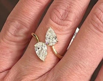 14K Solid Gold Toi Et Moi Ring | Pear Diamond Bypass Engagement Ring | Two Stone Modern Anniversary Gift Promise Ring Proposal Ring
