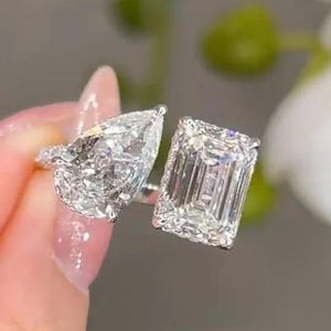Toi et Moi Ring | Pear and Emerald Cut Moissanite Ring | White Gold Two Stone Ring | Unique Engagement Gift for Her