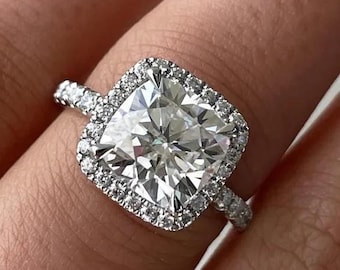 Anel de noivado com halo de diamante de 2,50 ct e lapidação almofada | Anel de noivado com halo oculto | Anel de pedido de casamento em ouro branco 14k | Presente elegante de aniversário