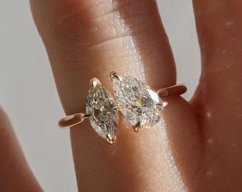 Two Stone Pear & Marquise Diamond Ring | 14K Gold Toi et Moi Engagement Ring | Unique Kissing Diamond Promise Ring | Modern Anniversary Gift