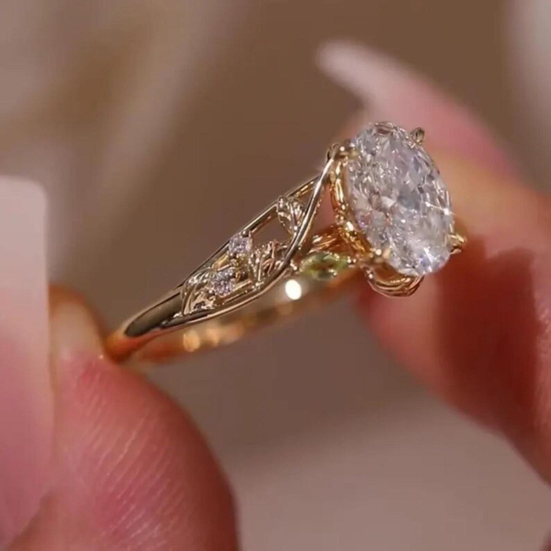 3 CT Oval Cut Moissanite Engagement Ring 14K Solid Gold Floral Wedding ...