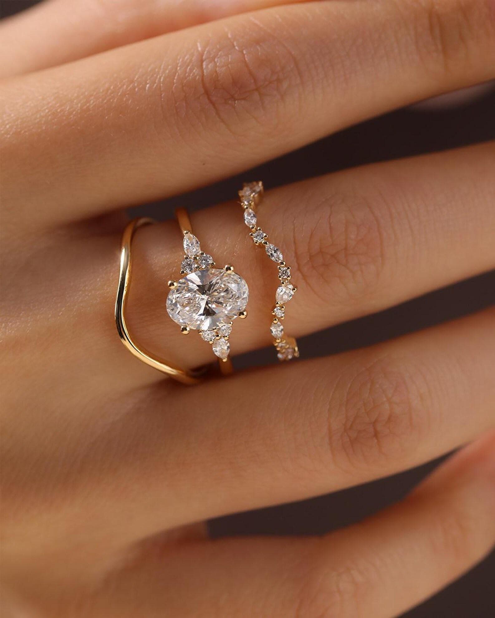2 CT Oval Cut Moissanite Engagement Ring Set Unique Trio Bridal Ring ...