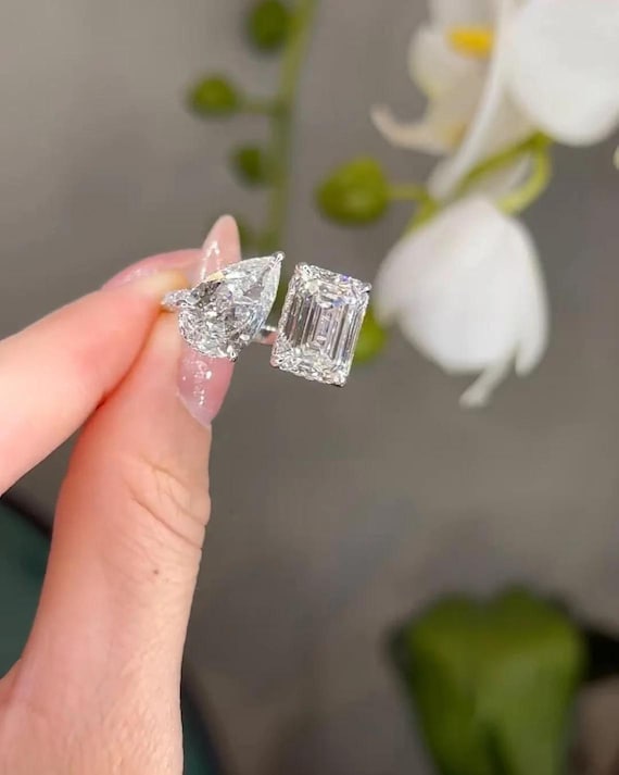 Toi et Moi Ring | Pear and Emerald Cut Moissanite Ring | White Gold Two Stone Ring | Unique Engagement Gift for Her